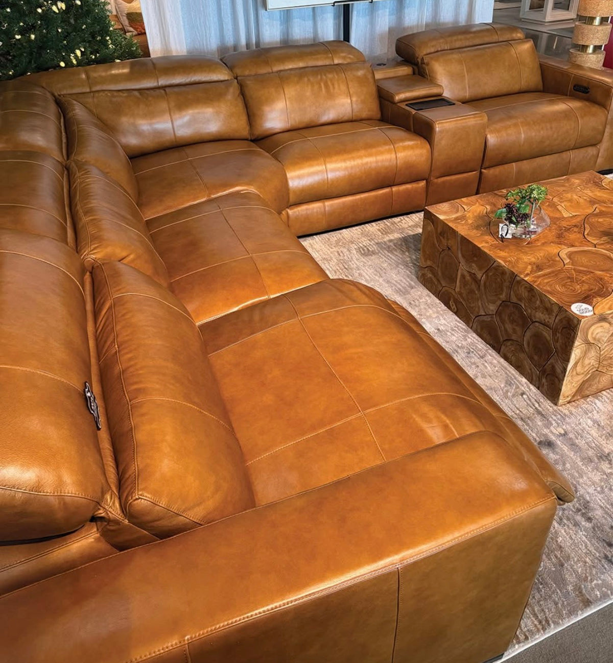 Summit Tan Leather Triple-Power Reclining Sectional